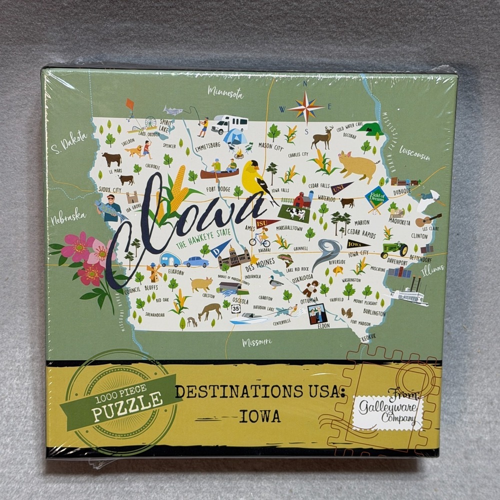 Iowa 1000 Piece Puzzle State Map Galleyware Destinations USA Travel Sealed New